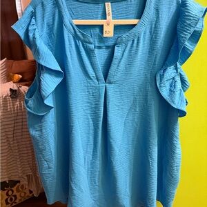 Zenana Outfitters Turquoise Ruffle Sleeve Blouse